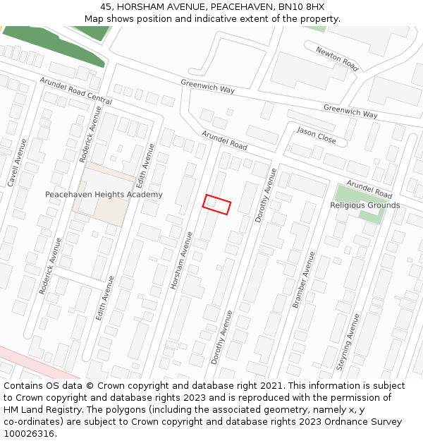 45, HORSHAM AVENUE, PEACEHAVEN, BN10 8HX: Location map and indicative extent of plot