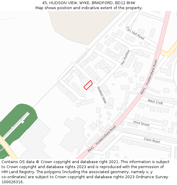 45, HUDSON VIEW, WYKE, BRADFORD, BD12 8HW: Location map and indicative extent of plot