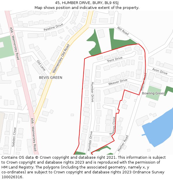 45, HUMBER DRIVE, BURY, BL9 6SJ: Location map and indicative extent of plot