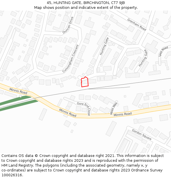 45, HUNTING GATE, BIRCHINGTON, CT7 9JB: Location map and indicative extent of plot