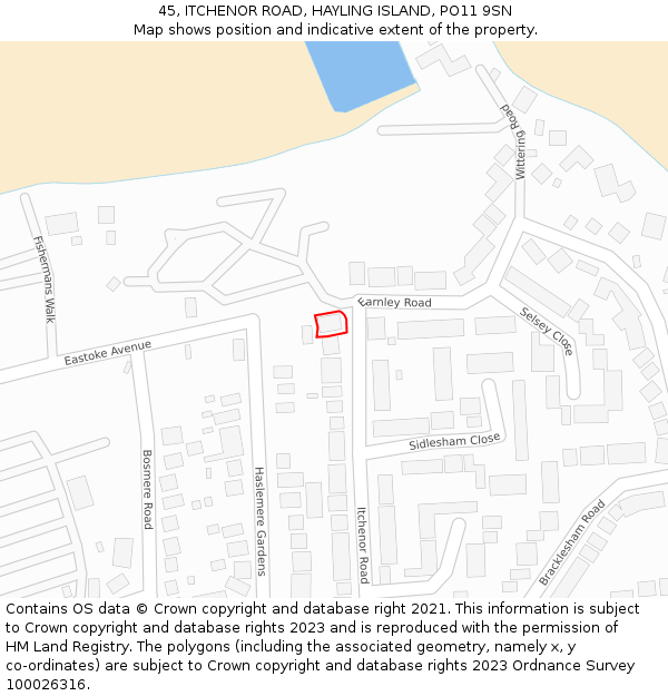 45, ITCHENOR ROAD, HAYLING ISLAND, PO11 9SN: Location map and indicative extent of plot