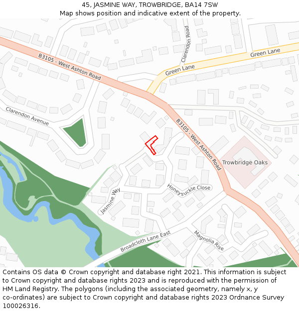 45, JASMINE WAY, TROWBRIDGE, BA14 7SW: Location map and indicative extent of plot