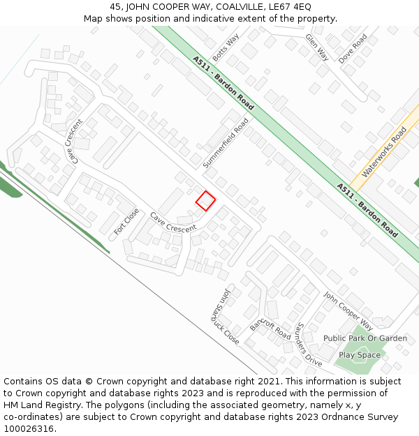 45, JOHN COOPER WAY, COALVILLE, LE67 4EQ: Location map and indicative extent of plot