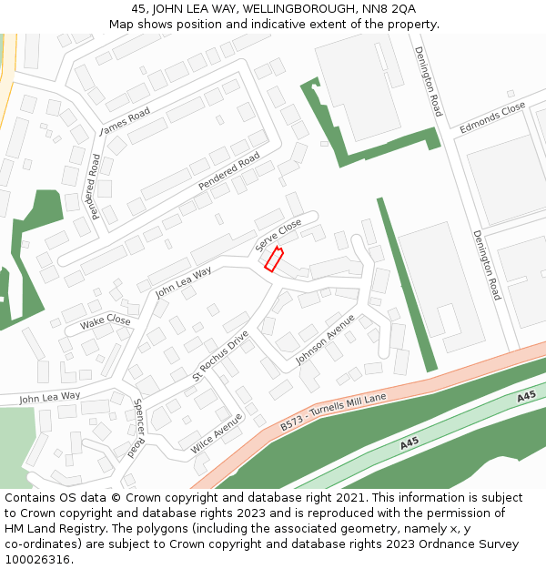 45, JOHN LEA WAY, WELLINGBOROUGH, NN8 2QA: Location map and indicative extent of plot