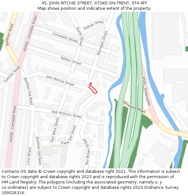 45, JOHN RITCHIE STREET, STOKE-ON-TRENT, ST4 4FF: Location map and indicative extent of plot