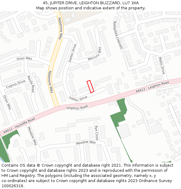45, JUPITER DRIVE, LEIGHTON BUZZARD, LU7 3XA: Location map and indicative extent of plot