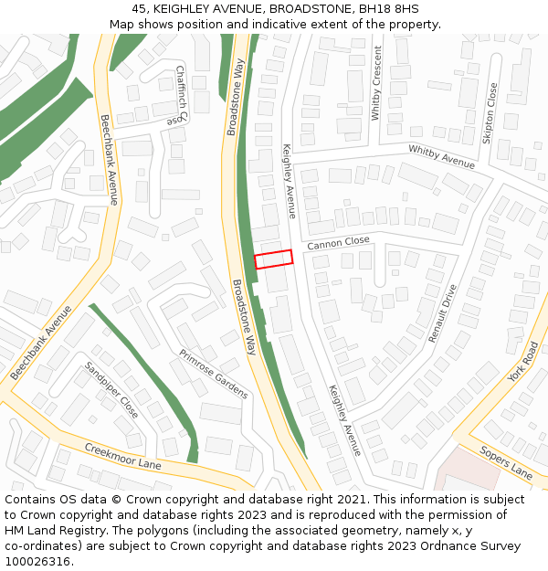 45, KEIGHLEY AVENUE, BROADSTONE, BH18 8HS: Location map and indicative extent of plot