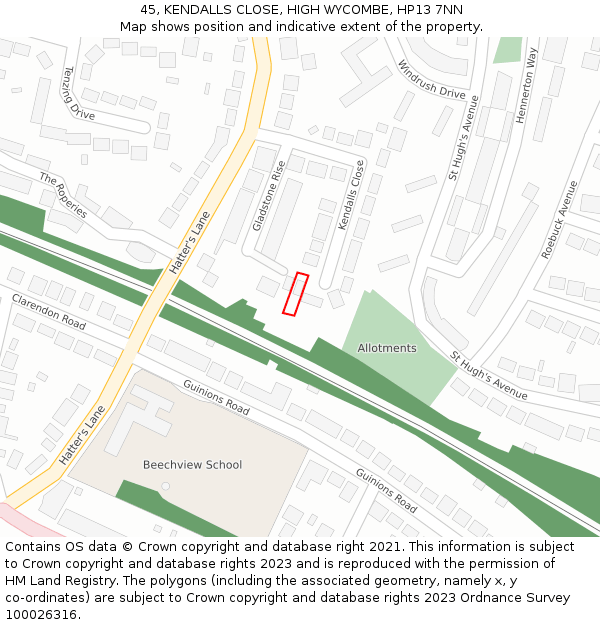 45, KENDALLS CLOSE, HIGH WYCOMBE, HP13 7NN: Location map and indicative extent of plot