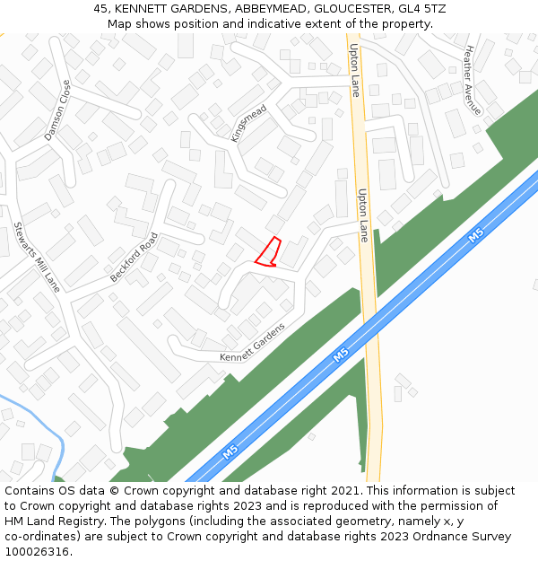 45, KENNETT GARDENS, ABBEYMEAD, GLOUCESTER, GL4 5TZ: Location map and indicative extent of plot