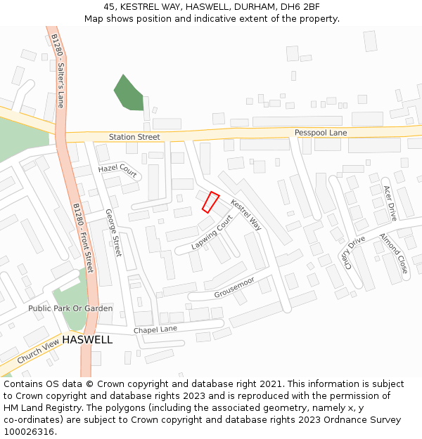 45, KESTREL WAY, HASWELL, DURHAM, DH6 2BF: Location map and indicative extent of plot