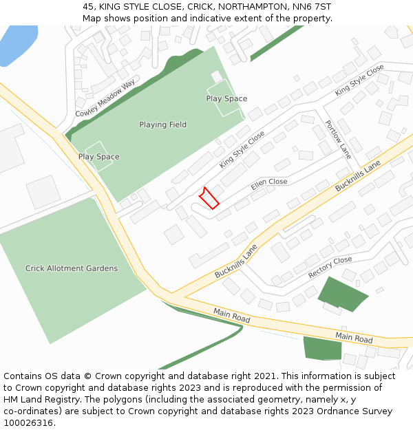 45, KING STYLE CLOSE, CRICK, NORTHAMPTON, NN6 7ST: Location map and indicative extent of plot