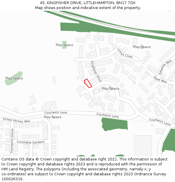 45, KINGFISHER DRIVE, LITTLEHAMPTON, BN17 7GX: Location map and indicative extent of plot