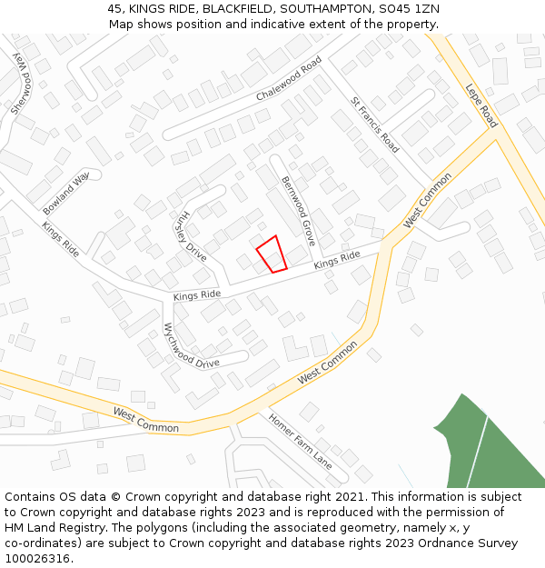 45, KINGS RIDE, BLACKFIELD, SOUTHAMPTON, SO45 1ZN: Location map and indicative extent of plot