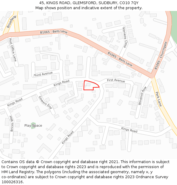 45, KINGS ROAD, GLEMSFORD, SUDBURY, CO10 7QY: Location map and indicative extent of plot