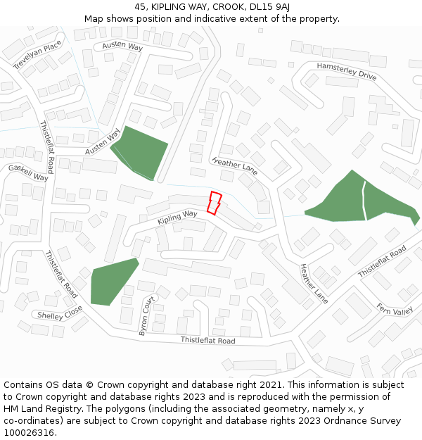 45, KIPLING WAY, CROOK, DL15 9AJ: Location map and indicative extent of plot