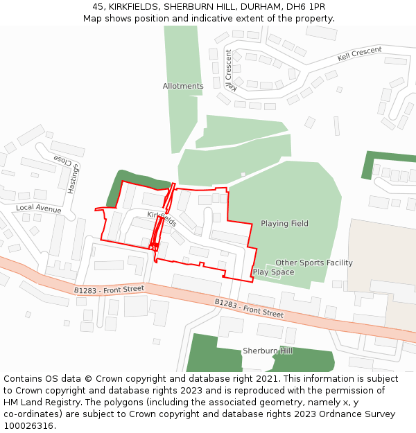 45, KIRKFIELDS, SHERBURN HILL, DURHAM, DH6 1PR: Location map and indicative extent of plot