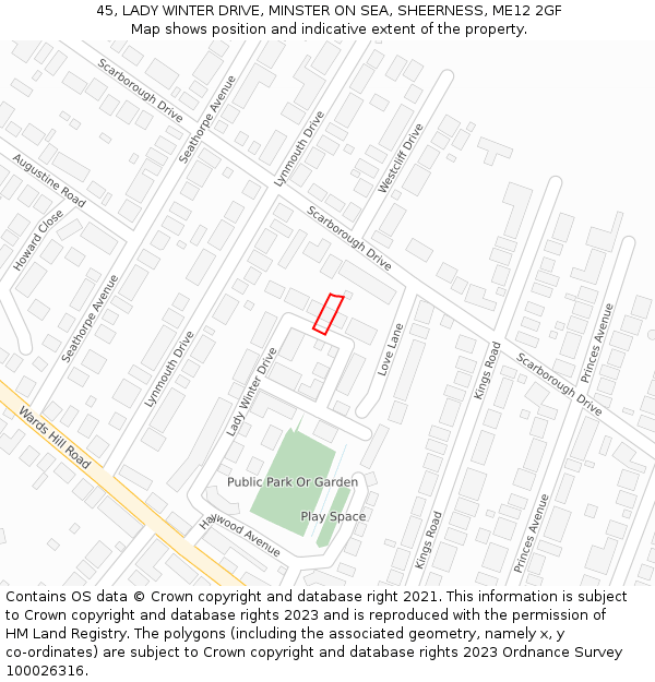 45, LADY WINTER DRIVE, MINSTER ON SEA, SHEERNESS, ME12 2GF: Location map and indicative extent of plot