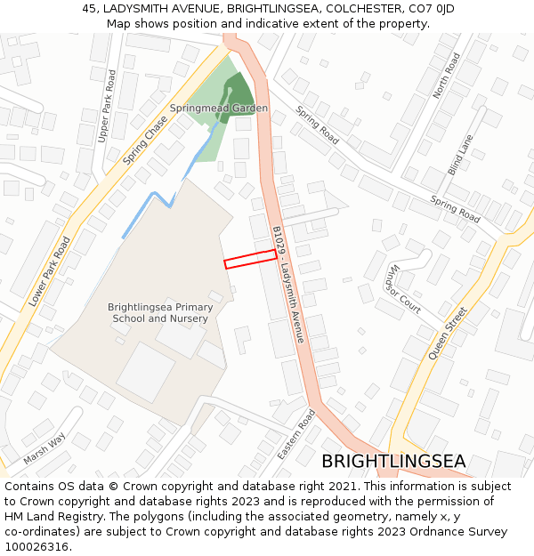 45, LADYSMITH AVENUE, BRIGHTLINGSEA, COLCHESTER, CO7 0JD: Location map and indicative extent of plot