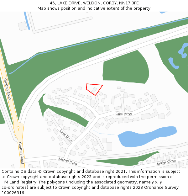 45, LAKE DRIVE, WELDON, CORBY, NN17 3FE: Location map and indicative extent of plot