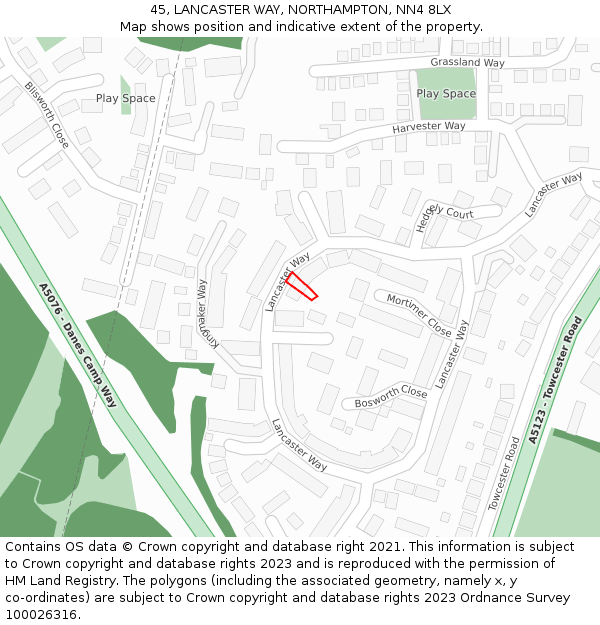 45, LANCASTER WAY, NORTHAMPTON, NN4 8LX: Location map and indicative extent of plot