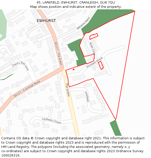 45, LARKFIELD, EWHURST, CRANLEIGH, GU6 7QU: Location map and indicative extent of plot