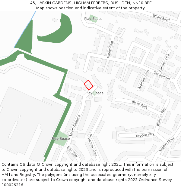 45, LARKIN GARDENS, HIGHAM FERRERS, RUSHDEN, NN10 8PE: Location map and indicative extent of plot