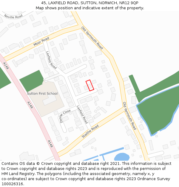 45, LAXFIELD ROAD, SUTTON, NORWICH, NR12 9QP: Location map and indicative extent of plot