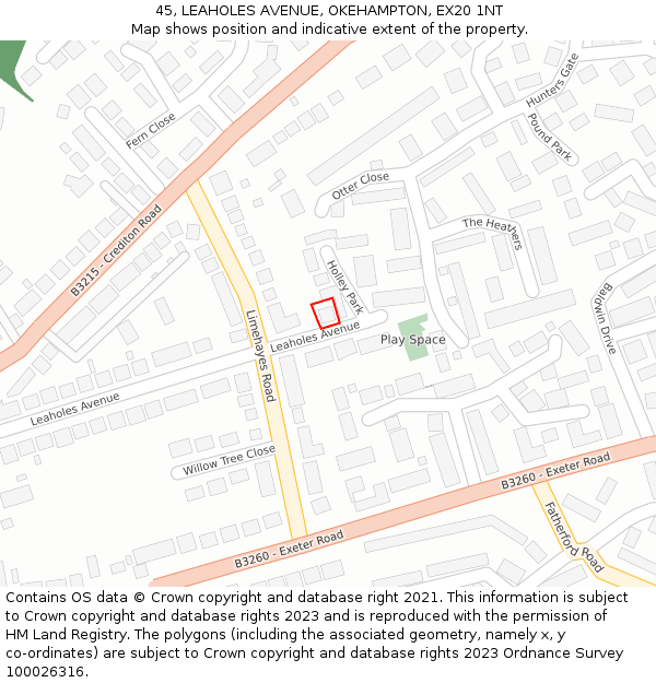 45, LEAHOLES AVENUE, OKEHAMPTON, EX20 1NT: Location map and indicative extent of plot