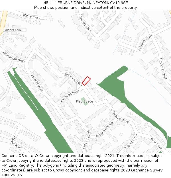 45, LILLEBURNE DRIVE, NUNEATON, CV10 9SE: Location map and indicative extent of plot