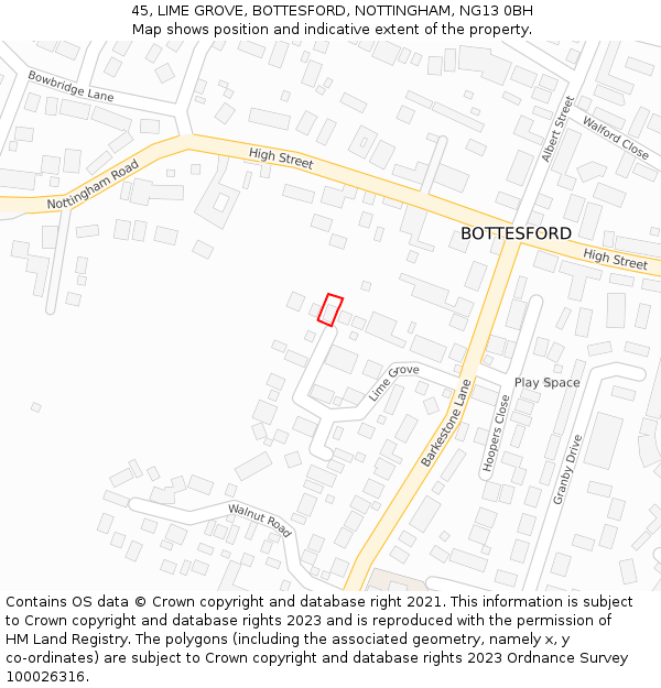 45, LIME GROVE, BOTTESFORD, NOTTINGHAM, NG13 0BH: Location map and indicative extent of plot