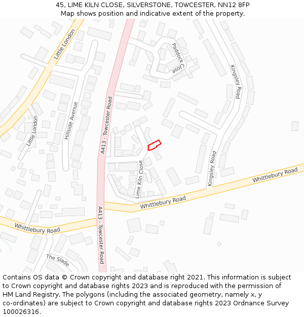 45, LIME KILN CLOSE, SILVERSTONE, TOWCESTER, NN12 8FP: Location map and indicative extent of plot