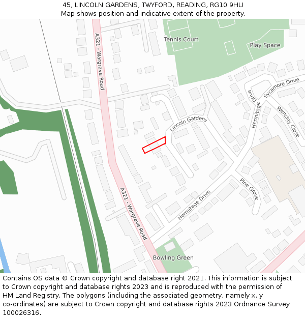 45, LINCOLN GARDENS, TWYFORD, READING, RG10 9HU: Location map and indicative extent of plot