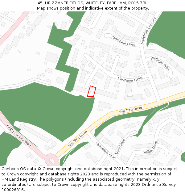 45, LIPIZZANER FIELDS, WHITELEY, FAREHAM, PO15 7BH: Location map and indicative extent of plot