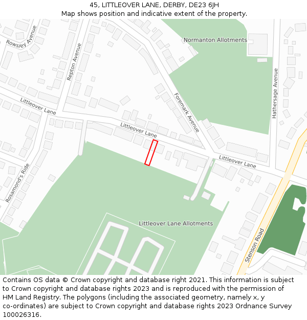 45, LITTLEOVER LANE, DERBY, DE23 6JH: Location map and indicative extent of plot