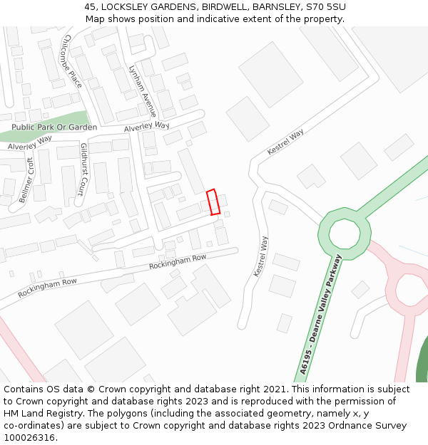 45, LOCKSLEY GARDENS, BIRDWELL, BARNSLEY, S70 5SU: Location map and indicative extent of plot