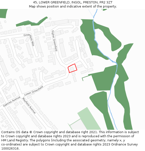 45, LOWER GREENFIELD, INGOL, PRESTON, PR2 3ZT: Location map and indicative extent of plot