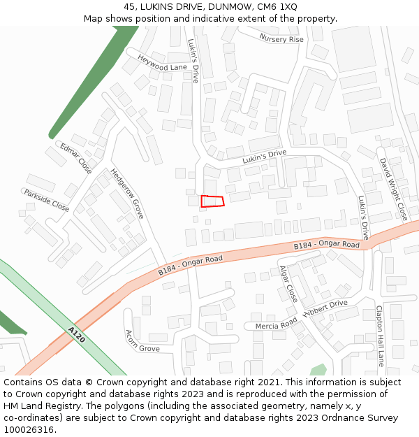 45, LUKINS DRIVE, DUNMOW, CM6 1XQ: Location map and indicative extent of plot