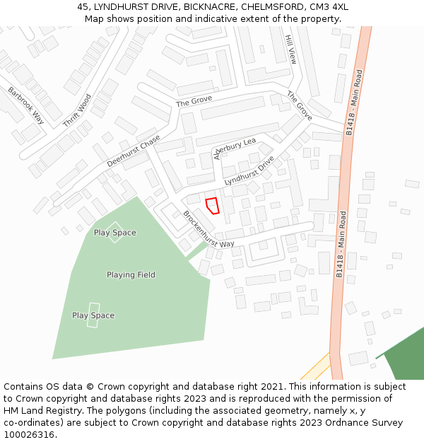 45, LYNDHURST DRIVE, BICKNACRE, CHELMSFORD, CM3 4XL: Location map and indicative extent of plot