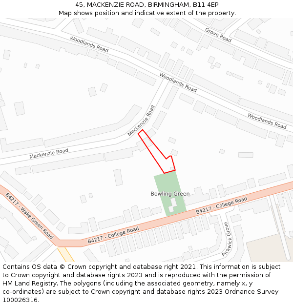 45, MACKENZIE ROAD, BIRMINGHAM, B11 4EP: Location map and indicative extent of plot