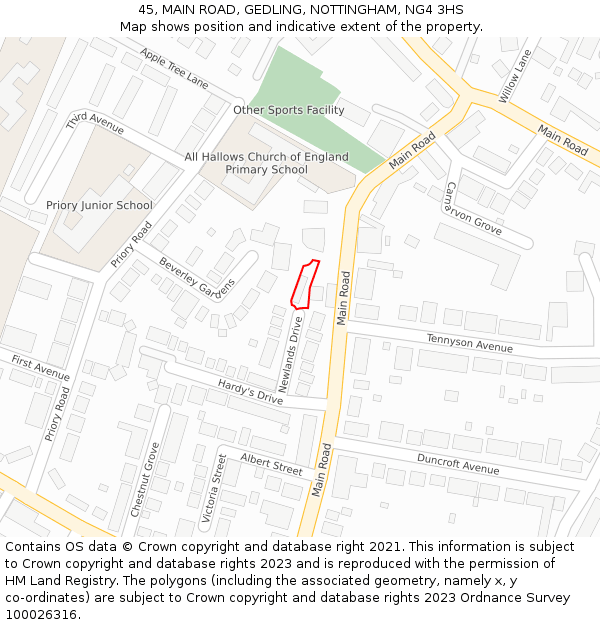 45, MAIN ROAD, GEDLING, NOTTINGHAM, NG4 3HS: Location map and indicative extent of plot