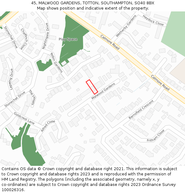 45, MALWOOD GARDENS, TOTTON, SOUTHAMPTON, SO40 8BX: Location map and indicative extent of plot