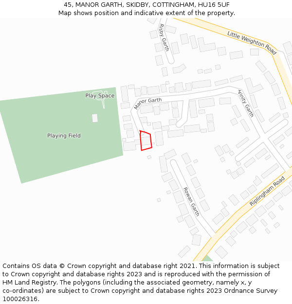 45, MANOR GARTH, SKIDBY, COTTINGHAM, HU16 5UF: Location map and indicative extent of plot