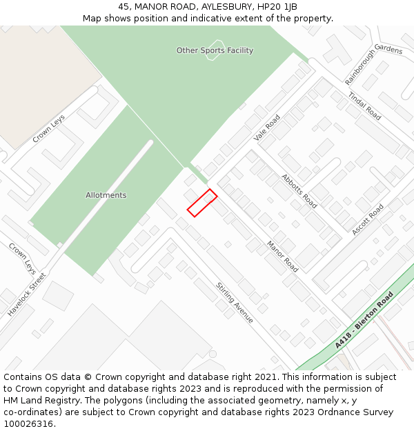 45, MANOR ROAD, AYLESBURY, HP20 1JB: Location map and indicative extent of plot