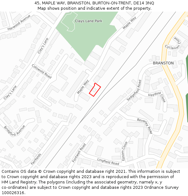 45, MAPLE WAY, BRANSTON, BURTON-ON-TRENT, DE14 3NQ: Location map and indicative extent of plot