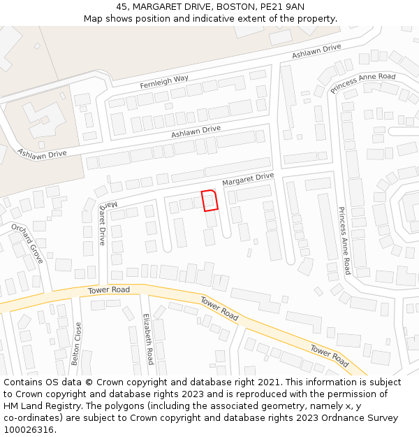 45, MARGARET DRIVE, BOSTON, PE21 9AN: Location map and indicative extent of plot