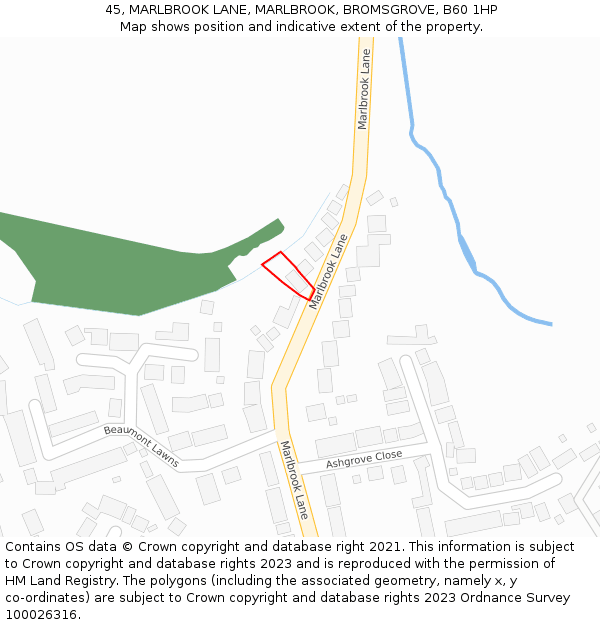 45, MARLBROOK LANE, MARLBROOK, BROMSGROVE, B60 1HP: Location map and indicative extent of plot