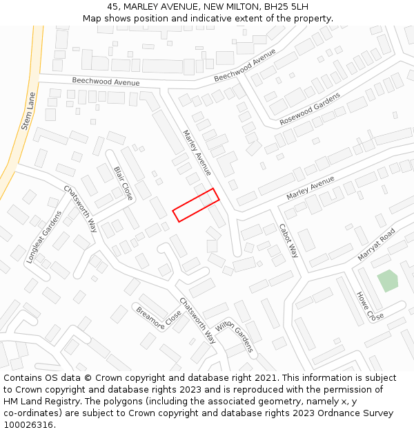 45, MARLEY AVENUE, NEW MILTON, BH25 5LH: Location map and indicative extent of plot