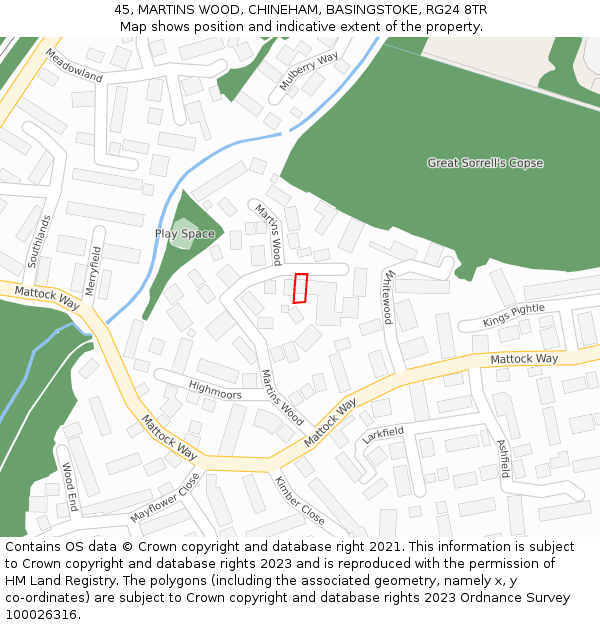 45, MARTINS WOOD, CHINEHAM, BASINGSTOKE, RG24 8TR: Location map and indicative extent of plot