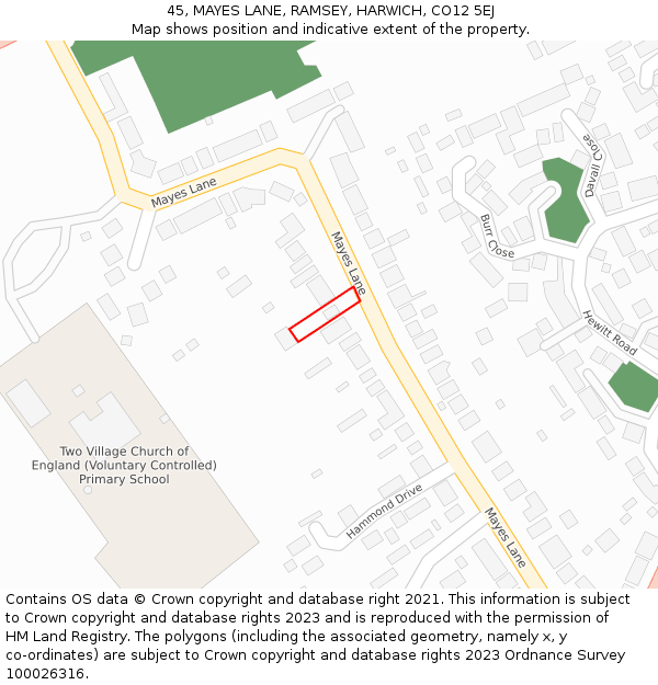 45, MAYES LANE, RAMSEY, HARWICH, CO12 5EJ: Location map and indicative extent of plot