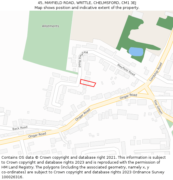 45, MAYFIELD ROAD, WRITTLE, CHELMSFORD, CM1 3EJ: Location map and indicative extent of plot